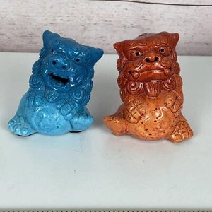 Chinese Pair Of Glazed Foo Dogs Stone Lions Guardians Orange Blue 3" & 3.5"T - Picture 1 of 9