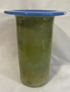 RARE Veronique MONOD Blown Art Glass Cylinder Vase Sky Blue Green France 1989 - Picture 1 of 8