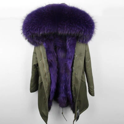Winter Women's Real Raccoon Fur Coats Collar Long Hooded Parka Overcoat Jackets - Image 1 of 4