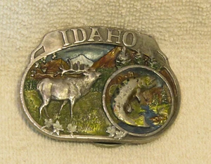 De colección 1985 C&J - Idaho Alce Salmón Coloreado Hebilla de Cinturón - EE. UU. - ¡SÚPER BONITO! - Imagen 1 de 2