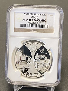 2008 Belarus SILVER 20 Rubles MINSK Coin- PF 69 ULTRA CAMEO - NGC GRADED - Picture 1 of 6