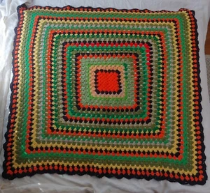 Vtg Handmade Granny 51" Square Crochet Throw Blanket Multi Retro Black Orange  - Picture 1 of 4