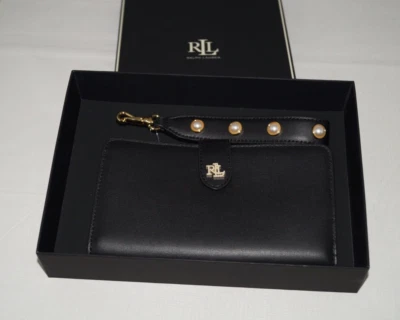 NWT Authentic RALPH LAUREN Black Leather Gold/Pearl Design Wallet/Wristlet - Image 1 of 4
