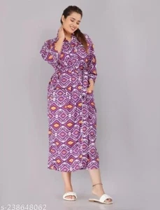 Cotton Robe Long Kimono Sleepwear Indian Purple Checks Print Night Suit Kimonos - Picture 1 of 3