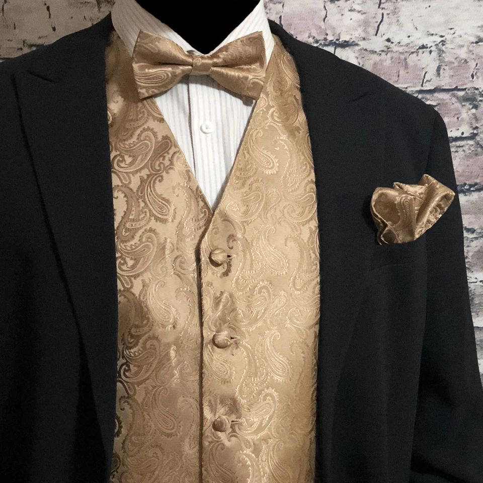 Men PAISLEY Design Dress Vest & Bow Tie & Hankie Set For Suit or Tuxedo 6 COLORS - Image 1 of 3
