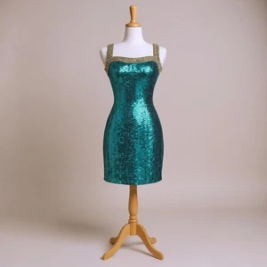 Vintage Niteline Della Roufogali Minikleid Gr. 4 grün gold Pailletten Cocktail Party - Bild 1 von 15