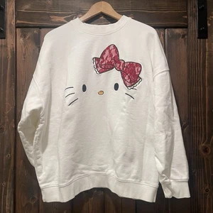 Forever 21 Hello Kitty Kawaii Size M White Embroidered Sweatshirt Red Lace Bow - Picture 1 of 8