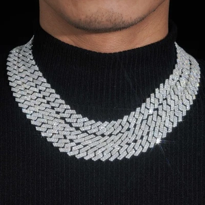 Collar Cubano Moissanita Redondo Completo Plata de Ley 925 Hombres Cadena Hip Hop GRA Foto 1 de 4