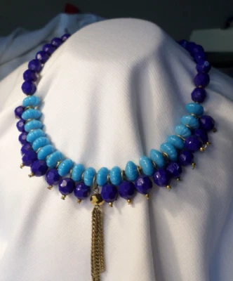 Retro Style Plastic Acrylic Two Toned Blue Faceted Bead Choker Tassel Necklace - Image 1 of 4