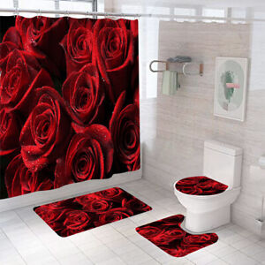Rose Shower Curtain Bathroom Rug Set Thick Bath Mat Non-Slip Toilet Lid Cover