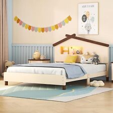 Merax Kids Beds House Frame Headboard Full Size Fun Wood Low Bed Cream+Walnut