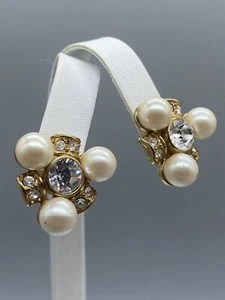 Vintage Monet Gold Tone Pierced Pearl & Rhinestone Fashionable Earrings - Picture 1 of 8