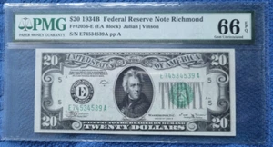 USA, $20, 1934B, Fr#2056-E, PMG 66 EPQ, Federal Reserve Note Richmond - Picture 1 of 4