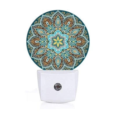 Floral Mandala Night Light Plug Into Wall Turquoise Yellow Brown Flower Paisl... - Image 1 of 4