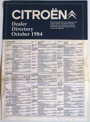 Citroen Directorio de Distribuidor Octubre 1984-A4 Usado Few Marcas - Excelente - Imagen 1 de 4