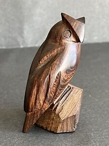 Vtg. Hand Carved Ironwood Owl Sculpture Wooden Bird Figurine On Perch Mexico