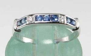 9k 9CT WHITE GOLD CEYLON SAPPHIRE DIAMOND ETERNITY BAND ART DECO INS RING Size O - Picture 1 of 6
