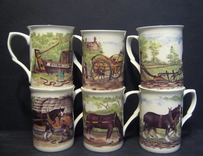 R A LAWRENCE Set Of 6 Mugs Working Horses Fine Bone China Mugs Cups Beakers