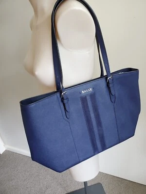 BALLY SUPRA large navy blue leather TOTE zip work laptop carry on bag stripe - Image 1 of 4