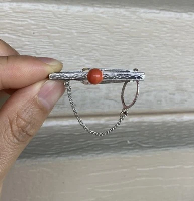 Unused coral bead tie tack / bar / clasp on sterling silver 6.5mm - Image 1 of 4