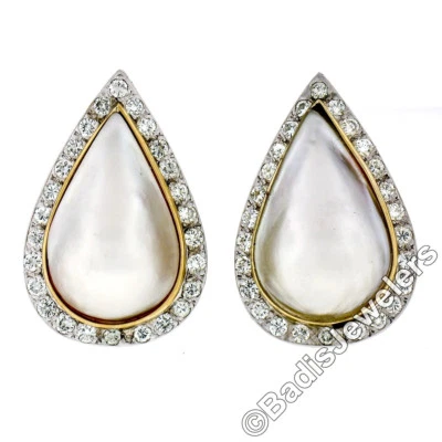 Vintage 14K TT Gold Large Pear Mabe Pearl 1.75ct Diamond Teardrop Button Earring - Image 1 of 4