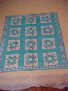 Vintage BABY QUILT, Circa 1930/40s, BLUE SASHING, SHOO FLY, FEEDSACK PRINTS - Picture 1 of 4