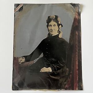Antique Full Plate Tintype Photograph Mature Woman Spooky Haunting Gaze Large