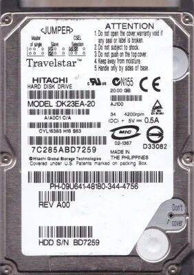 HITACHI DK23EA-20 A/A0C1 C/A  AJ100 Philippines 20GB IDE 2.5"  HDD C7-11 - Image 1 of 3
