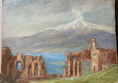 ::ÖLGEMÄLDE SIGNIERT L. FERNART RUINEN TAORMINA VESUV WINTERLANDSCHAFT ITALIEN - Bild 1 von 4