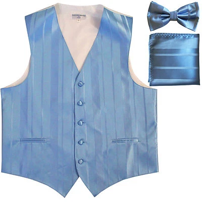 New Men's vertical stripes Tuxedo Vest Waistcoat_bowtie & hankie light blue prom - Image 1 of 4