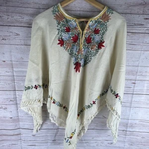 VTG Lightweight Wool Poncho Embroidered Chain Stitch Floral Hippie Boho Festival - Picture 1 of 6