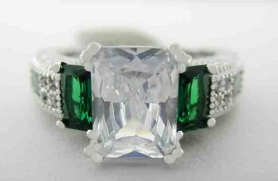LAB CREATED EMERALDS & 2.10 Cts WHITE SAPPHIRE RING 14k YELLOW GOLD PLATED - NWT - Image 1 of 3