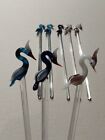 8 Vintage MCM Hand Blown Art Glass Stylized Long Neck Bird Swizzle Sticks 7.75"