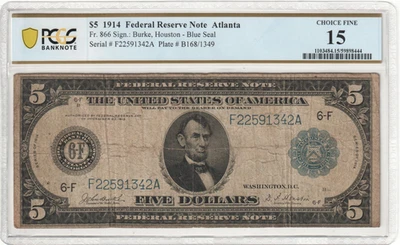 Fr. 866 1914 $5 Blue Seal Federal Reserve Note Atlanta PCGS Choice Fine 15 - Image 1 of 2