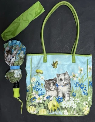 VTG Kittens Cats PVC Tote Bag & Umbrella Butterfly Green Blue Gingham Check - Image 1 of 4