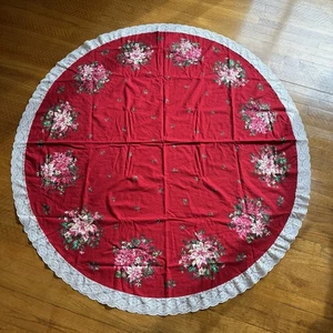 "Mantel ovalado vintage años 60 70 hecho a mano 57"" x 5 pies flor de pascua con borde de encaje" - Imagen 1 de 10