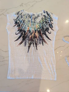 LOL - Vintage - Women's White Burnout V Neck Tee w Feather Neck Fringe Print XXL - Picture 1 of 9