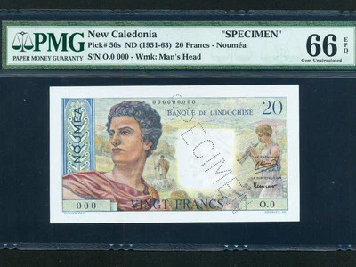 New Caledonia:P-50s,20 Francs,1951-63 * NOUMEA * Specimen * PMG Gem UNC 66 EPQ * - Image 1 of 2