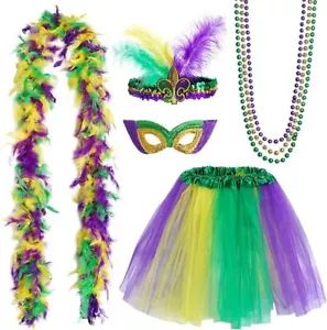 Mardi Gras Costume Accessory Set Tutu Skirt Faux Feather Headband MaskMardi G - Picture 1 of 2