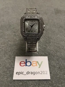 Silver Mens Iced Out Square Face Watch Luxury Crystal CZ Bling - Picture 1 of 5