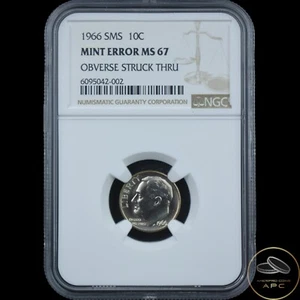 1966 Roosevelt Dime SMS NGC Mint Error MS67 Obverse Struck Thru - Picture 1 of 2