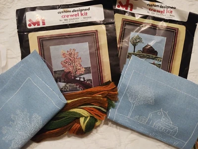 2 Vtg Valley Handcrafters Crewel Embroidery Kits Blue Fabric Country Bridge Barn - Image 1 of 4