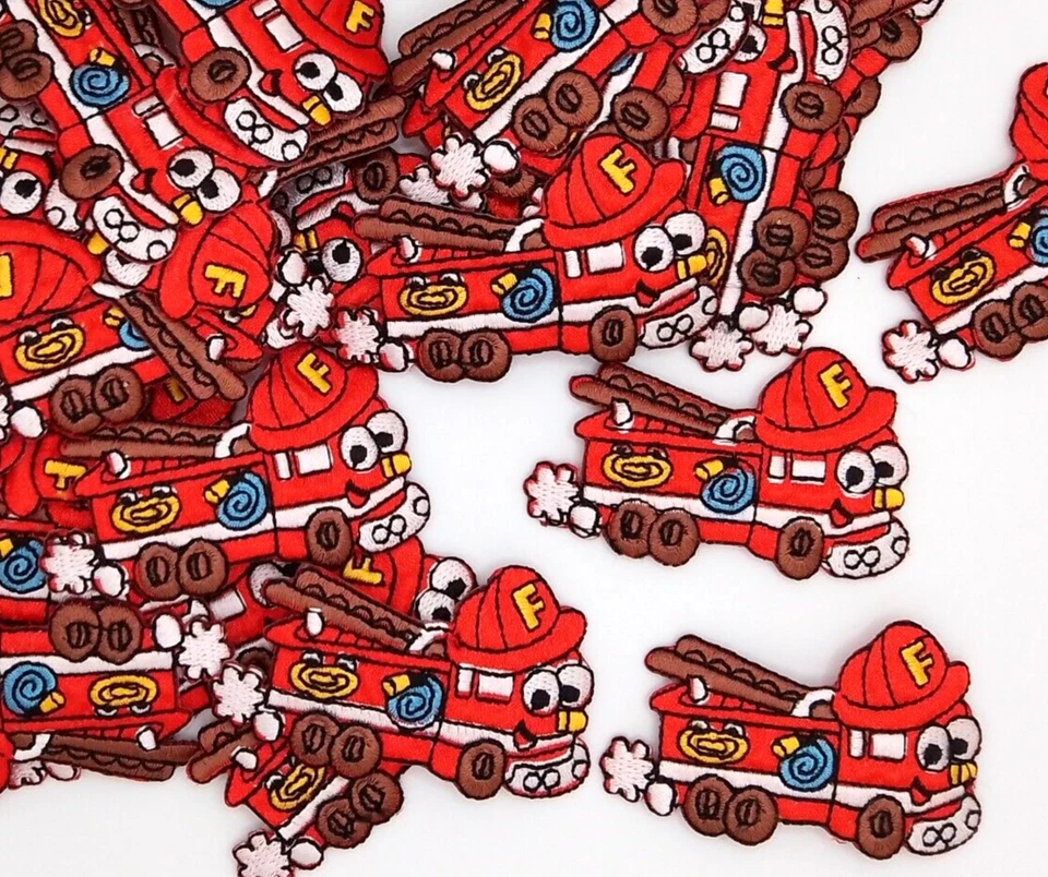 2 Red Firetruck w/Fire Hat Embroidered Iron on Patches/Applique - 2.5" x 1.5" - Image 1 of 2