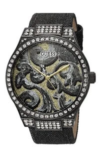 Guess U0844l1 Women's Waterpro Brocade Dial Black Denim Leather Strap Watch - Picture 1 of 5