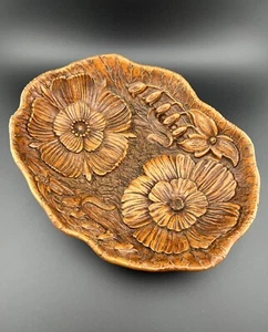 Syroco Style Brown Oval Faux Wood Carved Textured Flowers Floral Bowl - Picture 1 of 16