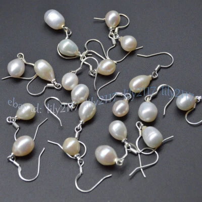 Atacado 10 pares 7-8 mm branco água doce pérola prata gancho brincos pendurados AAA - Imagem 1 de 4