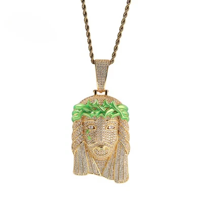 Hip Hop Jewelry GREEN ENAMEL Crown JESUS PIECE Pendant Necklace Rope Chain - Image 1 of 4