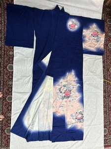 Vintage 100% Silk Kimono Blue / Pink Peonies Pattern - Picture 1 of 14