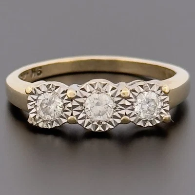 Anel de três pedras de ouro amarelo 9 quilates diamante 0,25 quilate tamanho L Hallmarked - Imagem 1 de 4