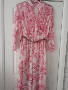 ZARA MIDI BELTED Floral Pink DRESS SIZE L . New Without Tags - Picture 1 of 3